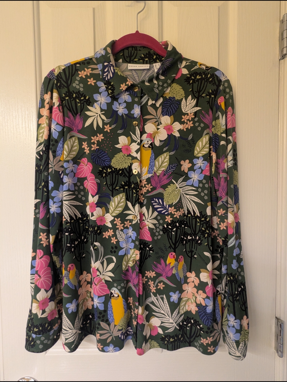 Susan Graver Green Floral & Parrot Print Button-Down Shirt